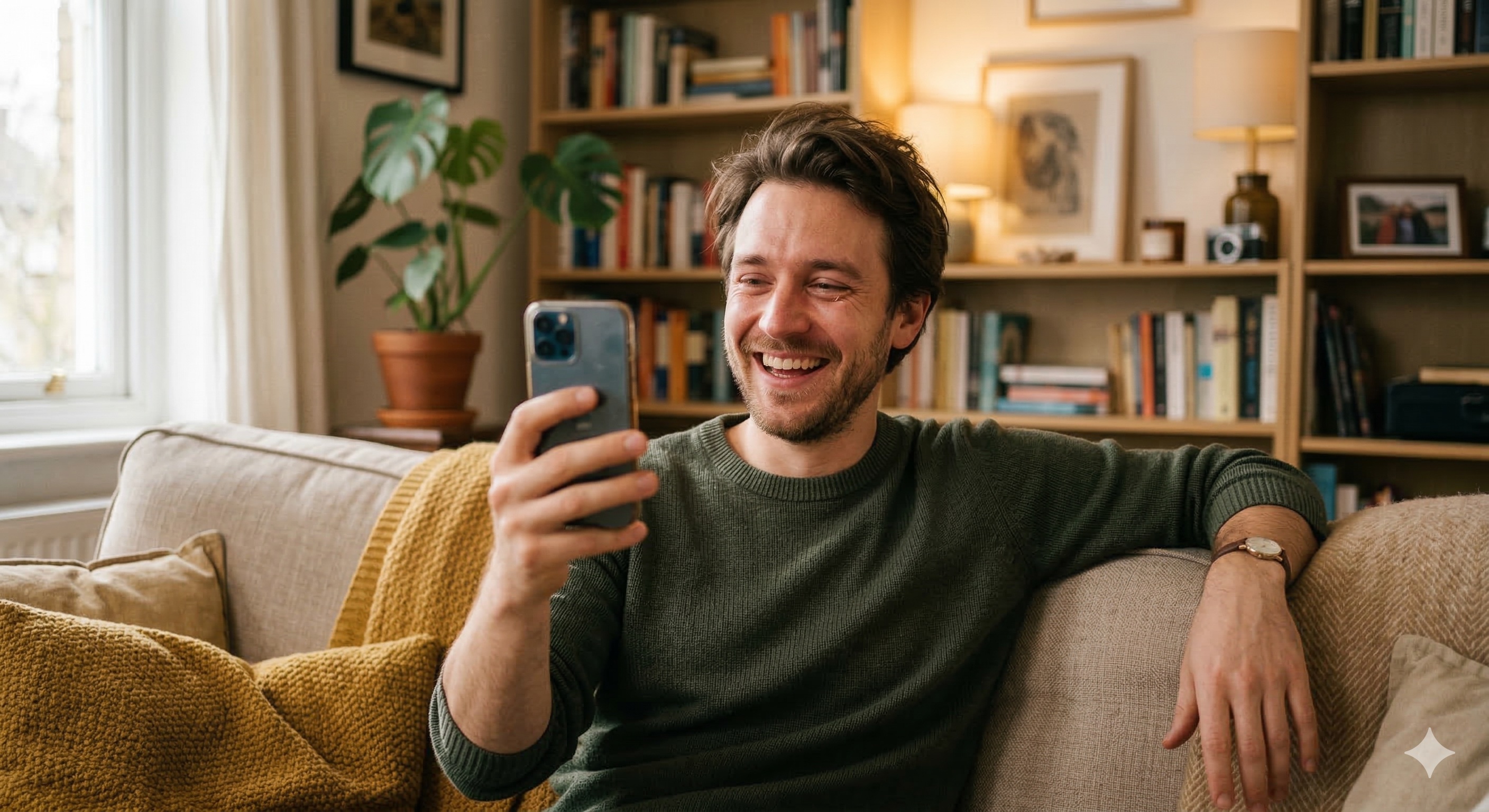 Friend laughing while recording a video message on their phone